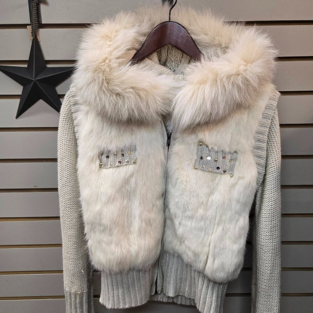 ❤ Rare find vintage 1980s sweater jacket REAL fur with metallic threads Size: US